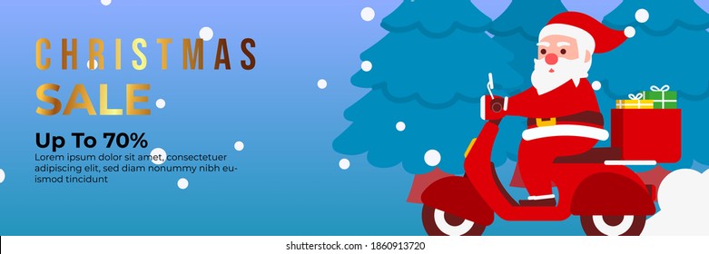 Christmas sale background with Cute Santa Character deliver gift box by riding a motorcycle. banner sale, discount, free delivery. Vector illustration for winter holiday discounts.