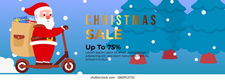 Christmas sale background with Cute Santa Character deliver gift box by riding a scooter. banner sale, discount, free delivery. Vector illustration for winter holiday discounts.