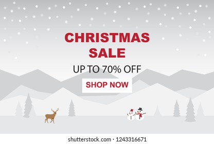 Christmas Sale Background Design Template in Light Grey and Red Theme. Winter Design with Snowman and Reindeer Vector illustration. Sale template banner, poster, holiday greetings.