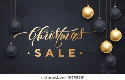 Christmas Sale background flat design golden calligraphy lettering. Text with golden glitter snowflakes pattern. Banner or poster for shopping store