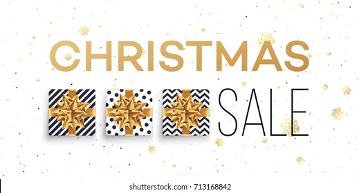 Christmas sale background with gifts boxes with gold bow. Template for postcard, booklet, leaflets, poster. Vector illustration EPS10