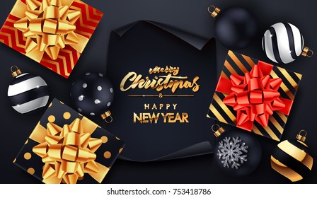 Christmas sale background with gifts boxes with gold bow. Template for postcard, booklet, leaflets, poster