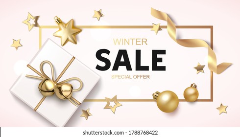 Christmas sale background with golden balls, star, ribbon and gift box. New year holiday decoration. Vector illustration