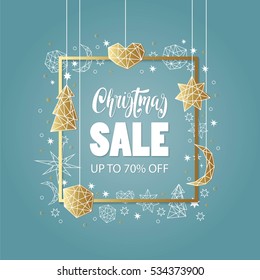 Christmas sale  background. Holiday composition with frame, gold foil design elements  in geometric style.