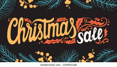 Christmas sale background with holiday decorations on a chalkboard vector illustration banner for xmas special promotion. Design poster with vintage lettering and hand-drawn graphic elements.