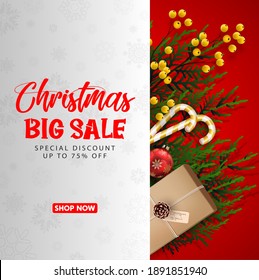 Christmas sale background with red realistic ribbon banner and gift boxes.Vector