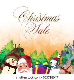 Christmas sale background with Santa Claus, Snowman, Reindeer, Xmas trees and Gift Boxes Background.