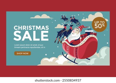 Christmas Sale Background for Social Media with Santa Claus with gifts heading to a house on Christmas Eve