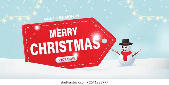 Christmas Sale Background Special Offer Banner with up to 50% with tag and snowman, snow flakes. Vector illustration