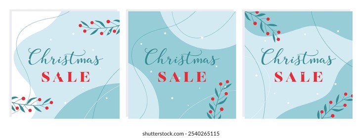 Christmas Sale background templates. Christmas winter posters with botanical elements hand drawn. Winter stars and smooth shapes.