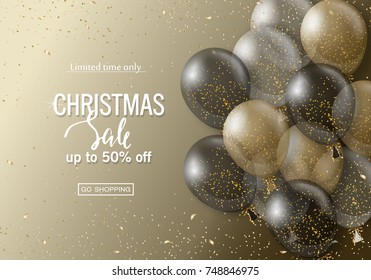 Christmas sale background with transparent realistic balloons. Modern design.Universal vector background for poster, banners, flyers, card