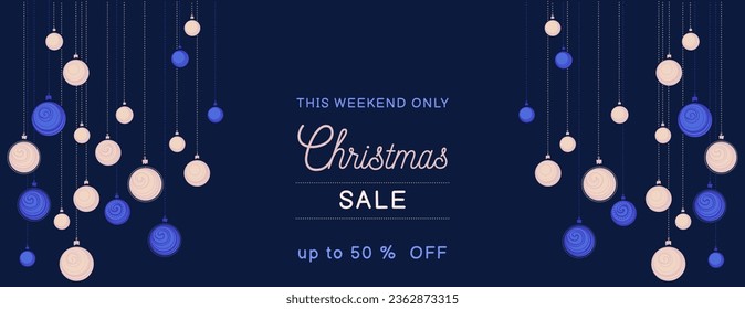  Christmas sale background.  Vector Christamas balls on the black blue fon. Horizontal  border with text space. Suitable for email header, post in social networks, advertising, events and page cover