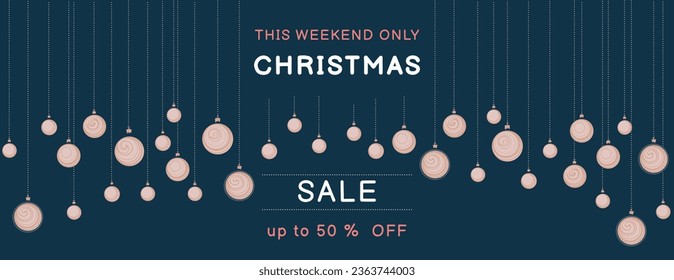 Christmas sale background.  Vector Christamas balls on the  black grean fon. Horizontal  border with copy space. Suitable for email header, post in social networks, advertising, events 