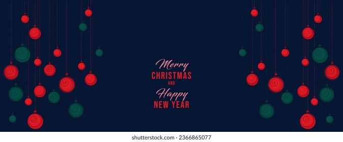  Christmas sale background.  Vector Christamas balls on the black blue fon. Horizontal  border with text space. Suitable for email header, post in social networks, advertising, events and page cover