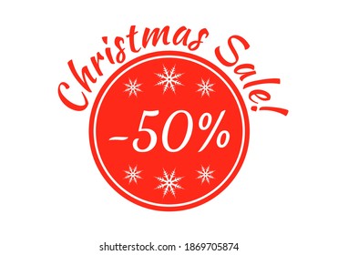 Christmas sale badge, tag or sticker. Xmas discount label. 50 percent price off. Promo banner and advertising design element. Vector illustration.