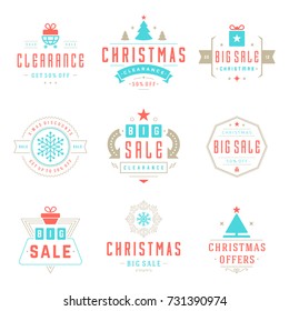 Christmas sale badges, labels and tags design vector vintage set for banners, promotional brochures, holidays discount Posters, shopping advertising flyers.