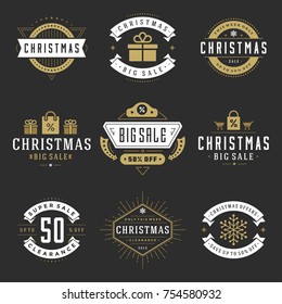 Christmas sale badges, labels and tags design vector vintage set for banners, promotional brochures, holidays discount Posters, shopping advertising flyers.