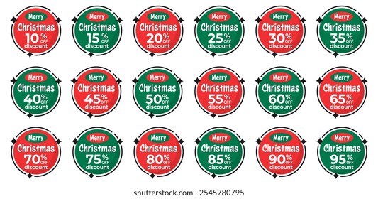 Christmas sale badges with percentage discount. Price tag holiday. Christmas red and green stickers