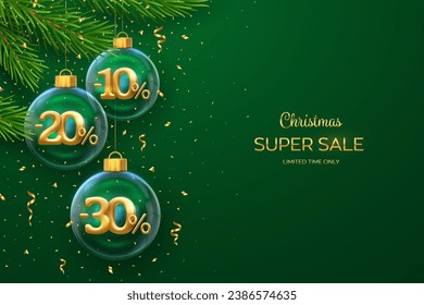 Christmas sale banner. 10, 20, 30 percent Off discount promotion. Realistic golden 10, 20, 30 numbers in a transparent glass balls on green background. Advertising poster, flyer. Vector illustration.