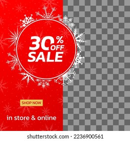 Christmas sale banner with 30 percent price off. Xmas discount or promotion card template. Social media post, promo frame or border. Winter poster with snowflakes. Vector illustration.