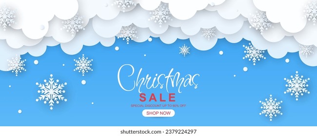 Christmas sale banner with 3d cloud and snowflake illustration in paper style design