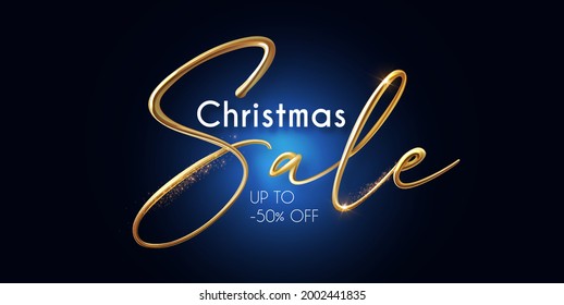 Christmas sale banner with 3D realistic gold metal text.