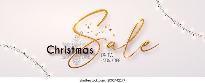 Christmas sale banner with 3D realistic gold metal text.