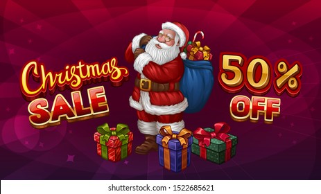 Christmas sale banner. 50 percent off. With Santa. On abstract red background. Vector illustration
