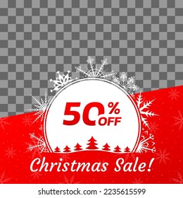 Christmas sale banner with 50 percent price off. Xmas discount or promotion card template. Social media post, promo frame or border. Winter poster with snowflakes. Vector illustration.