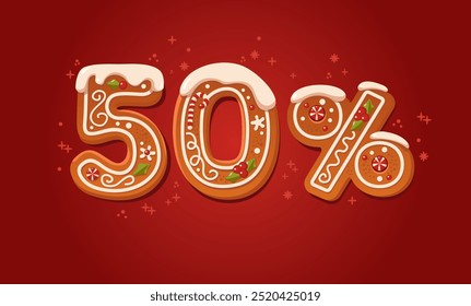 Christmas sale banner, Sale 50 precents with gingerbread cookie numbers. Decorated Winter promotion offer. Banner or header on red background