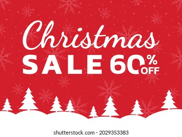 Christmas sale banner with 60 percent price off. Discount Xmas card, promotion poster, flyer design. Winter landscape with fir trees and snowflake background. Vector illustration.