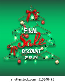 Christmas sale banner with abstract christmas tree made from hangers with decorations and garland of light bulbs. Vector illustration