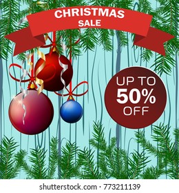 Christmas sale banner advertising background holiday discount xmas winter offer vector illustration. Price card poster special promotion tag. Clearance greeting shop sticker.