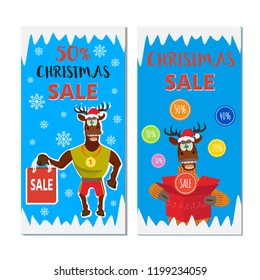 Christmas sale banner background with cute deer.  Retail marketing, new advertising campaign, holiday shopping.