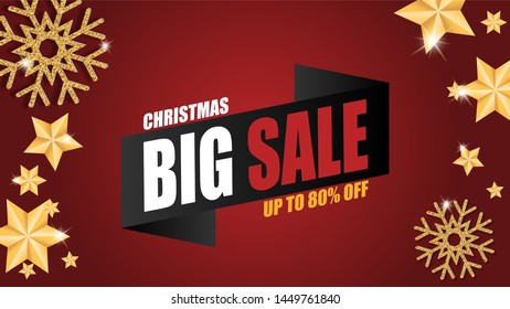 Christmas sale banner background with golden star and snowflakes in paper cut style. Vector illustration design for banner, flyer, poster, backdrop, brochure, advertising display.