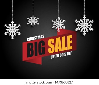 Christmas sale banner background with hanging snow flakes on black background in paper cut style. Vector illustration. Banner, Poster, Brochure, Flyer, Advertising display.