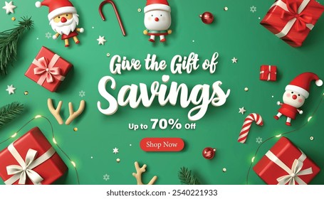 Christmas sale banner or background for social media website online advertising, Give the gift of savings this Christmas! Enjoy up to 70% off on holiday gifts.