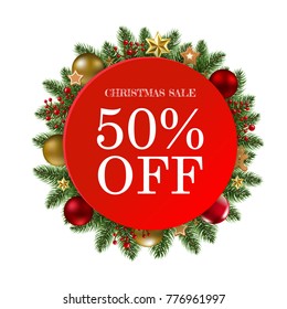 Christmas Sale Banner With Balls With Gradient Mesh, Vector Illustration