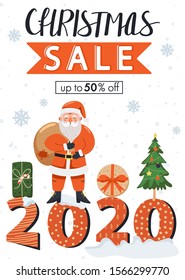 Christmas sale banner. Big lettering of 2020 year with funny Santa Claus character, fir-tree and gift. Design for invitation, website, poster, banner, coupons etc. Vector.