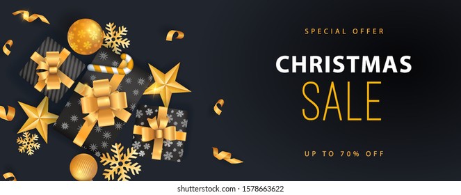 christmas sale banner black background template with glitter gold elements snowflakes stars gifts vacation star party season black abstract holiday background scene ball new gold ceremony performance