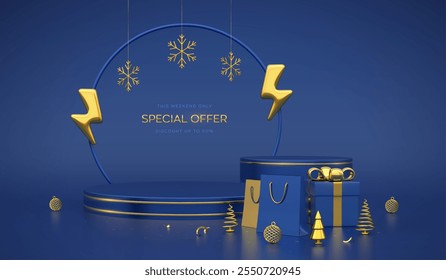 Christmas sale banner. Blue Stage podium with gold lightning bolt and snowflakes. Gift box with gold bow, shopping bags, trees. New Year, Christmas sale special offer. Flash sale. Vector illustration.