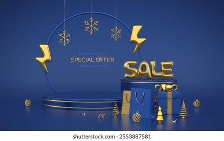 Christmas sale banner. Blue Stage podium with gold lightning bolt and snowflakes. Golden Sale balloon word. Gift box, shopping bags, trees. New Year, Christmas sale special offer. Flash sale. Vector.