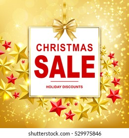 Christmas sale banner with bow and gold and red stars. Vector illustration.