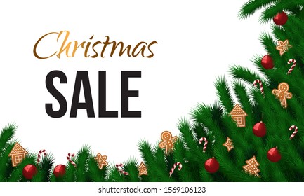 Christmas sale banner with branches of the Christmas tree and traditional decorations: gingerbread cookies, balls, candy cane. Isolated on the white background. Stock vector illustration. 