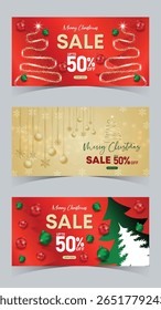 Christmas Sale Banner Bundle Vol 01 Elegant golden and red festive designs with ornaments and discount offer text