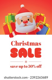 Christmas sale banner with a cartoon Santa Claus. Winter illustration of colorful gift boxes and funny Santa Claus with a big white signboard on a red background. Vector 10 EPS.