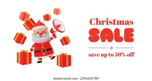 Christmas sale banner with a cartoon Santa Claus. 3d winter holiday illustration of gift boxes and a funny Santa Claus holding a megaphone on a white background. Vector 10 EPS.