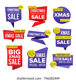 Christmas Sale Banner Collection Vector. Online Shopping. Winter Website Stickers, Holidays Web Design. Xmas Advertising Element. Shopping Backgrounds. Isolated Illustration