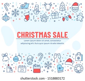 Christmas sale banner with colored outline icons. Vector background with holiday line symbols and copy space for your text. Concept for advertising discounts of winter holiday season.