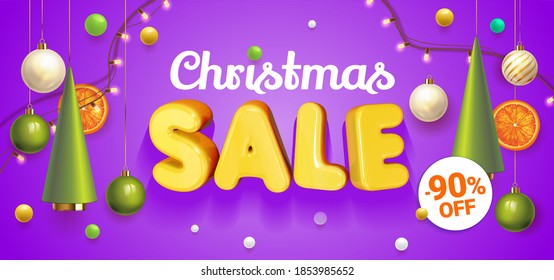 Christmas Sale banner with composition made of hanging christmass ball and plastic green cartoon Christmas trees, glass ornaments, festive elements. Vector Illustration. Concept for ads winter sale
